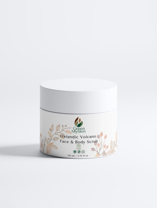 Green My Skin Jar of Icelandic Volcano Face & Body Scrub with branding on a white background