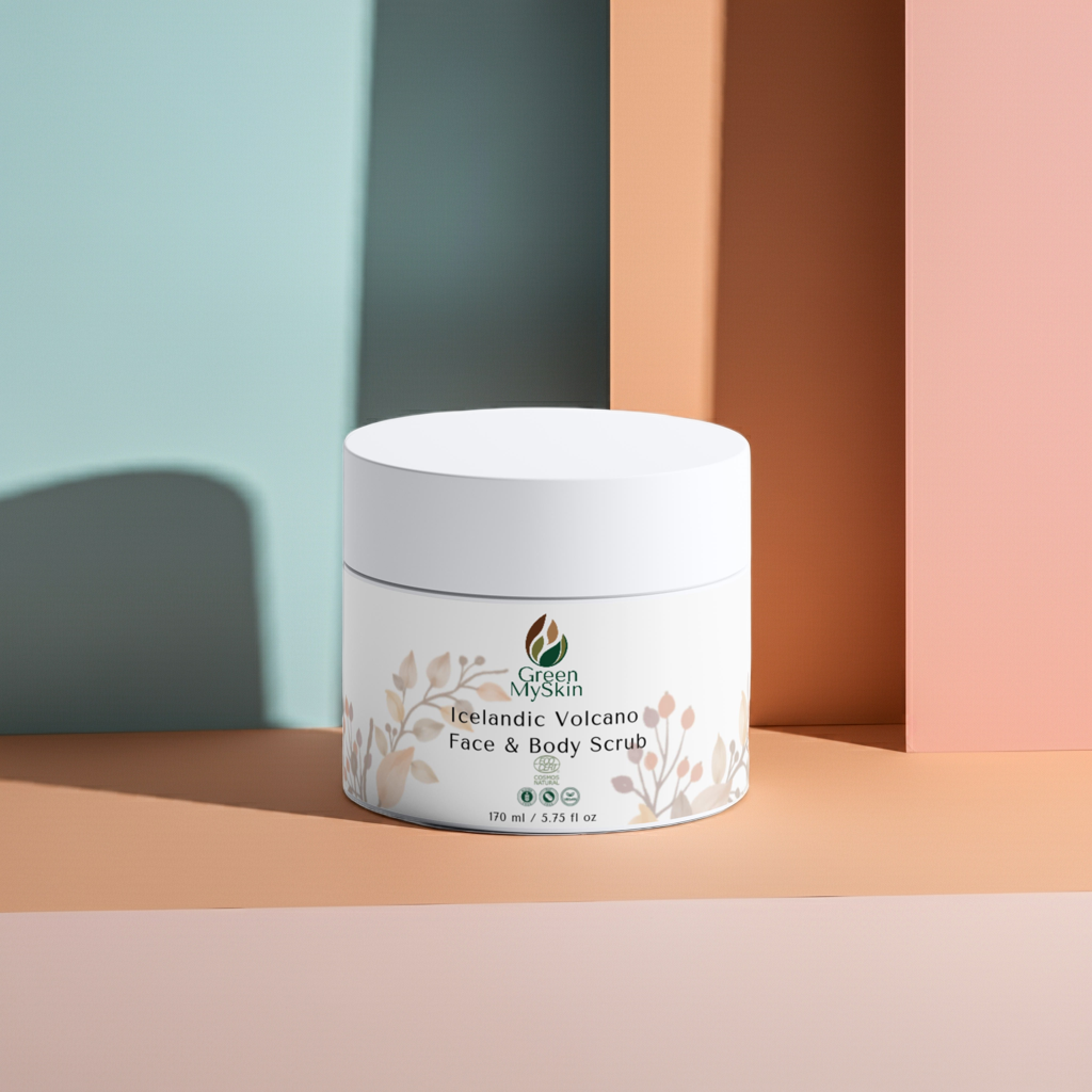 Green My Skin Jar of Icelandic Volcano Face & Body Scrub with branding on a pastel clean colours background