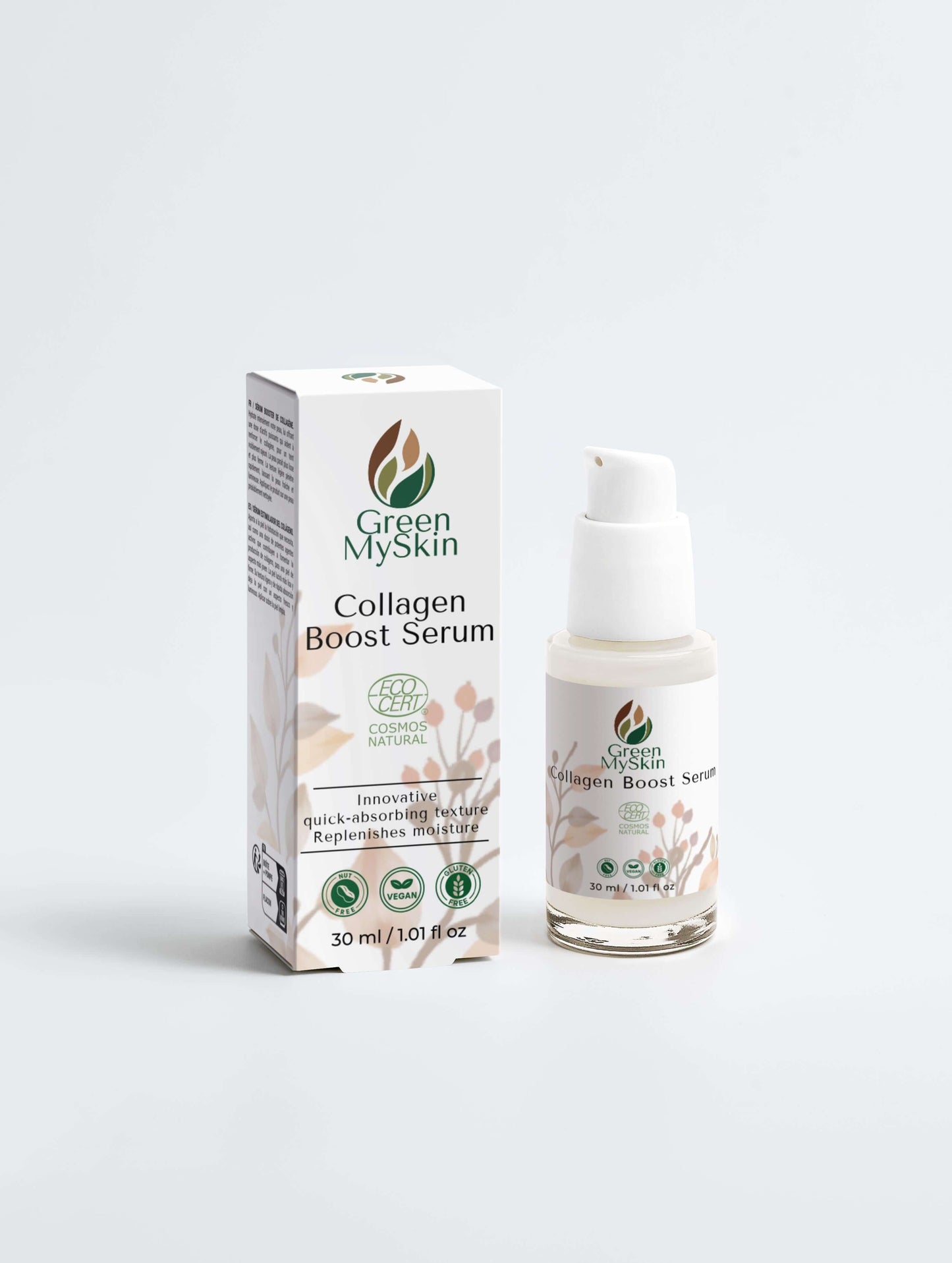 Organic and cruelty-free vegan collagen boost serum from greenmyskin.com, Cosmos Natural certified, designed to firm, hydrate, and give youthful-looking skin.