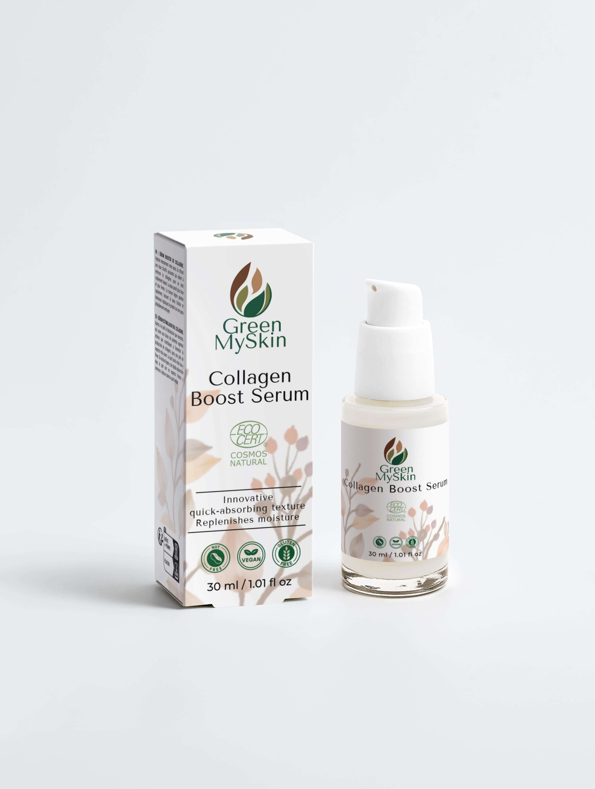 Organic and cruelty-free vegan collagen boost serum from greenmyskin.com, Cosmos Natural certified, designed to firm, hydrate, and give youthful-looking skin.