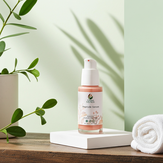 Peptide serum bottle on a wooden surface with a plant and towel in the background