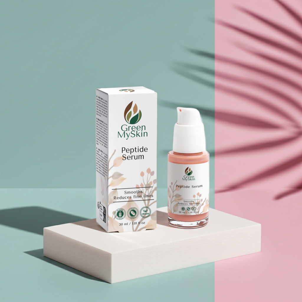 Green My Skin Peptide Serum bottle and box on a geometric background