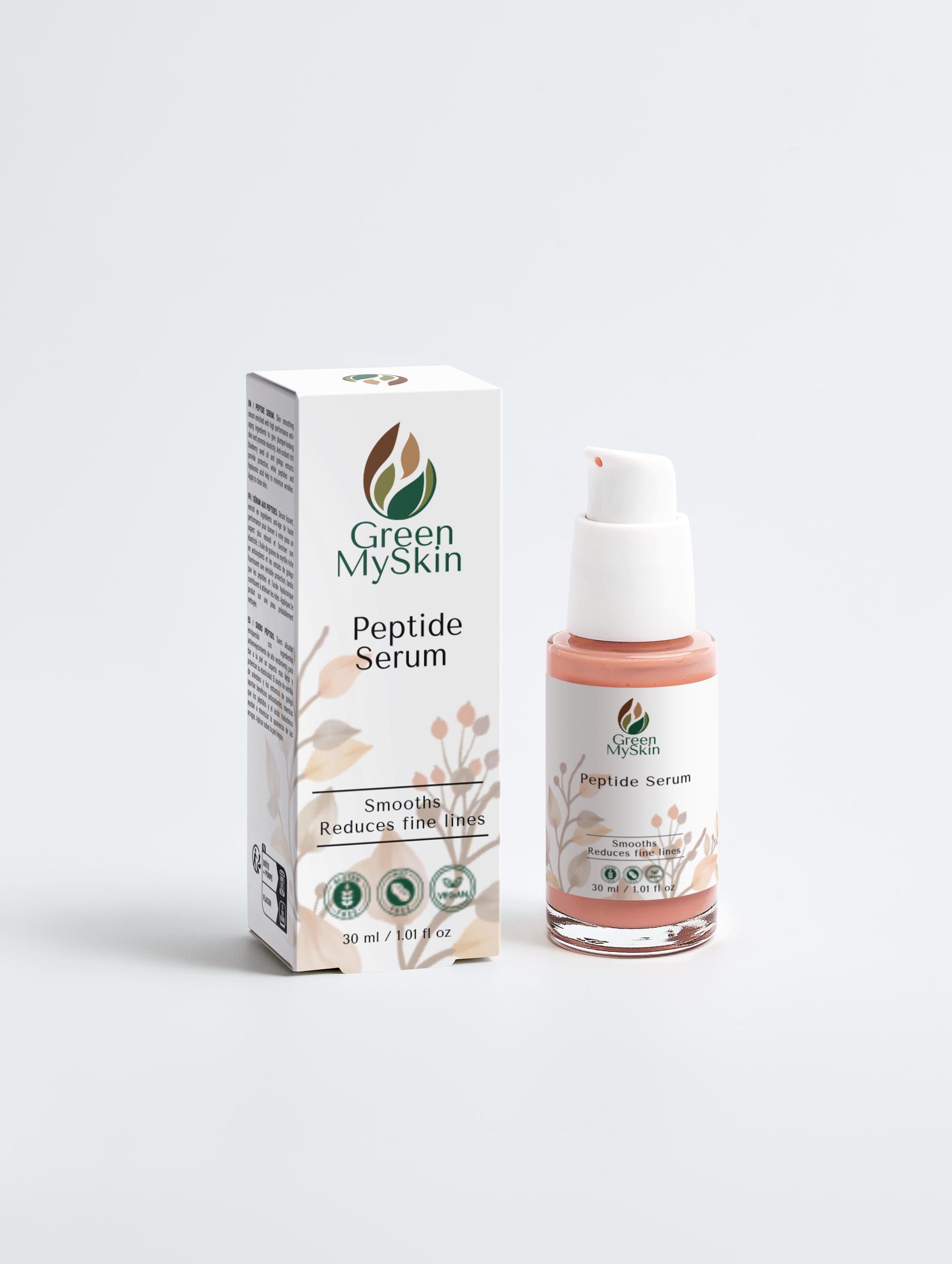 Green My Skin Peptide Serum packaging and bottle on a light gray background