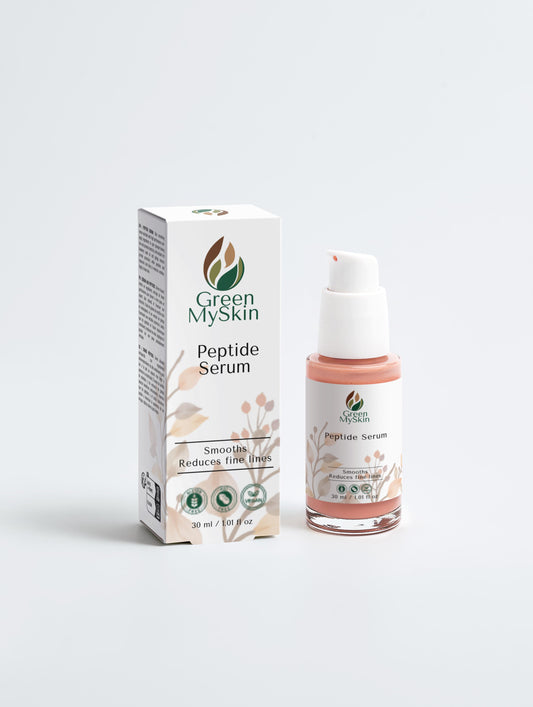 Green My Skin Peptide Serum packaging and bottle on a light gray background