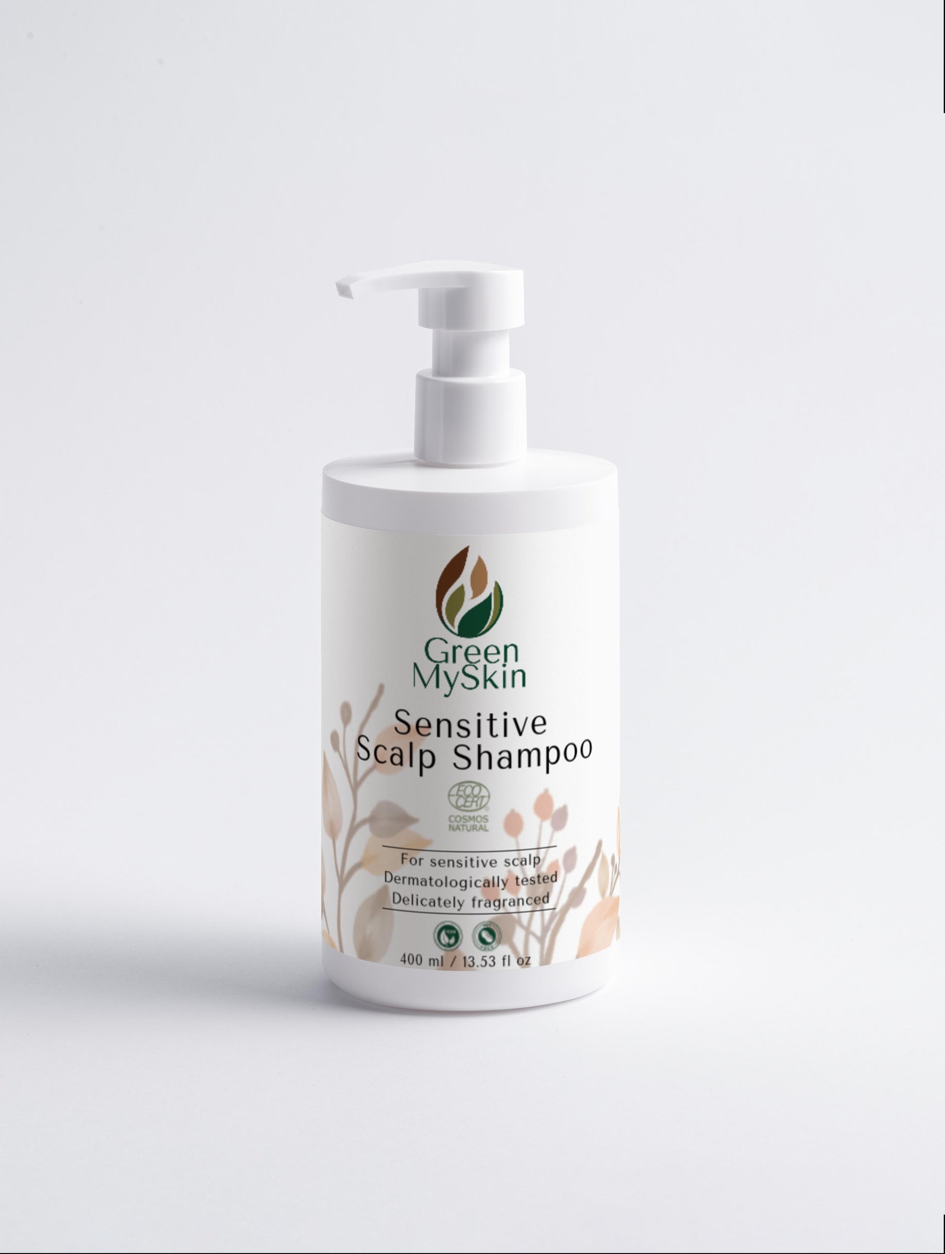 Bottle of Green My Skin Sensitive Scalp Shampoo on a light gray background