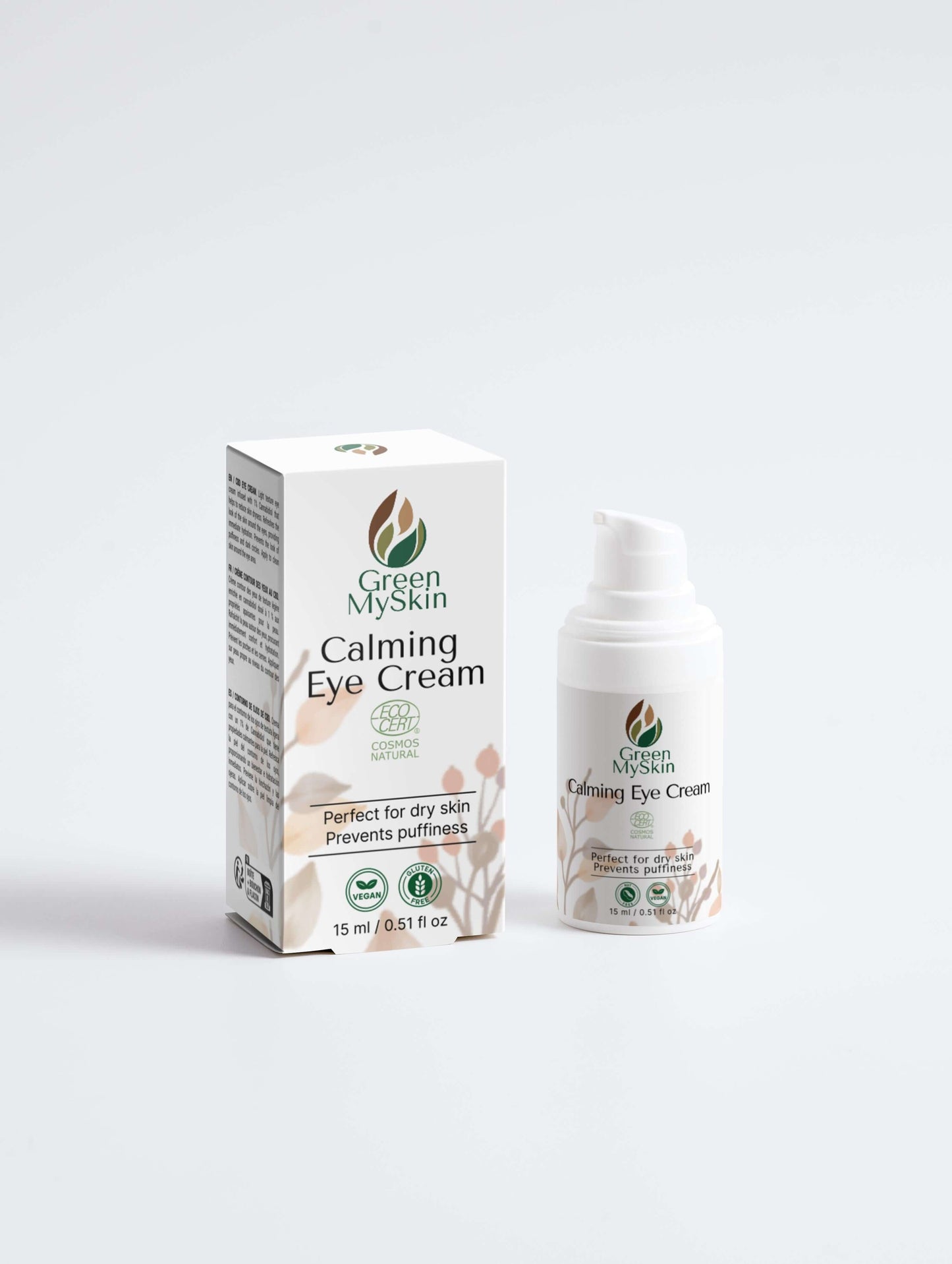 Vegan calming eye cream with organic, cruelty-free ingredients to soothe puffiness, dark circles, and fine lines, available at greenmyskin.com.