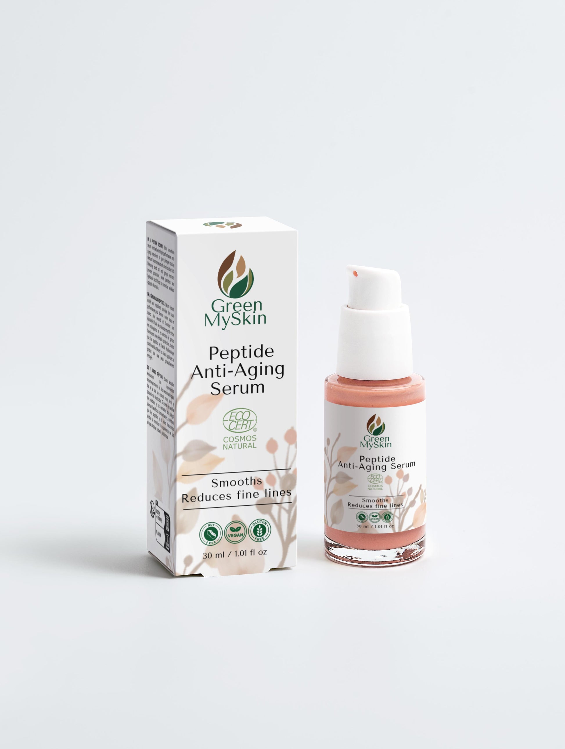 Skincare serum bottle with a white cap on a light gray background