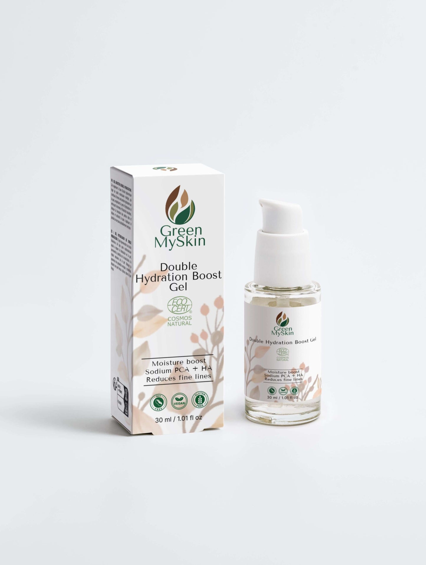 Vegan double hydration boost gel with organic, cruelty-free ingredients to deeply hydrate, refresh, and replenish skin, available at greenmyskin.com.