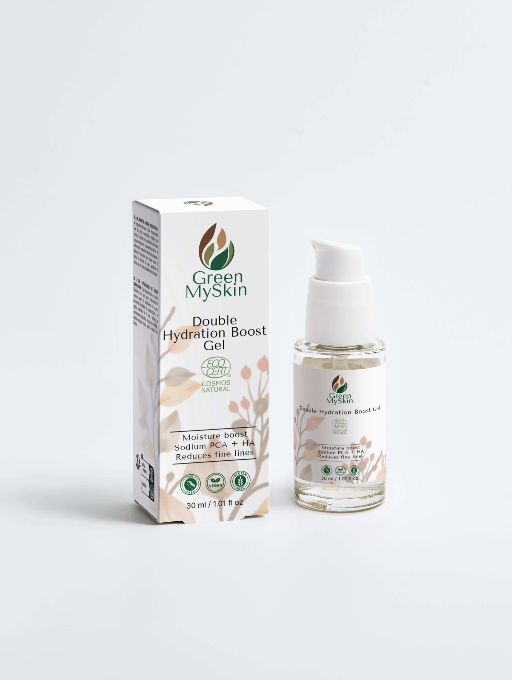 Vegan double hydration boost gel with organic, cruelty-free ingredients to deeply hydrate, refresh, and replenish skin, available at greenmyskin.com.