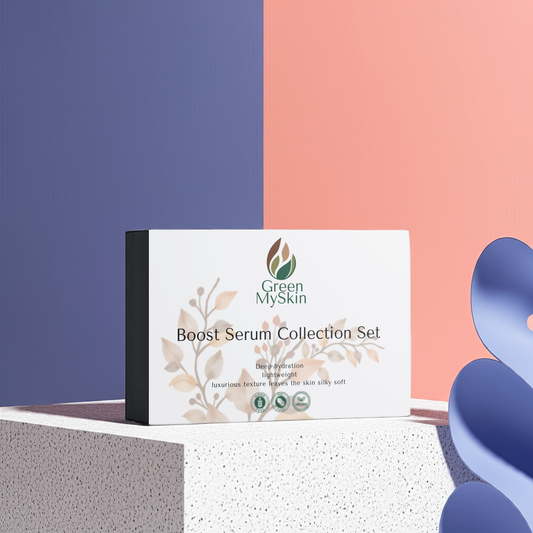 Vegan boost-serum Collection Box with organic, cruelty-free skincare serums to hydrate, brighten, and rejuvenate skin, available at greenmyskin.com