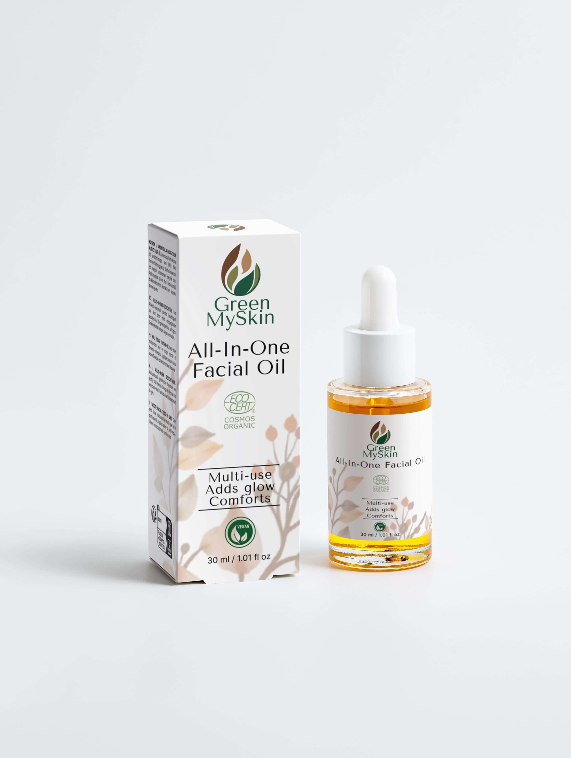 Vegan all-in-one facial oil with organic, cruelty-free ingredients to hydrate, balance, and nourish skin, available at greenmyskin.com